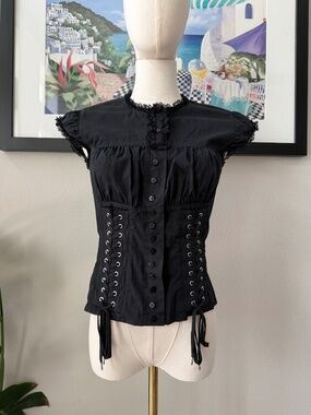 INCREDIBLE Moda International Vintage Black Corset Button Up Lace Top Sz Small